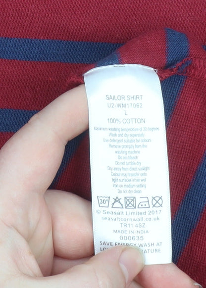 Seasalt Cornwall Men's Red Navy Striped Cotton Sailor Shirt L