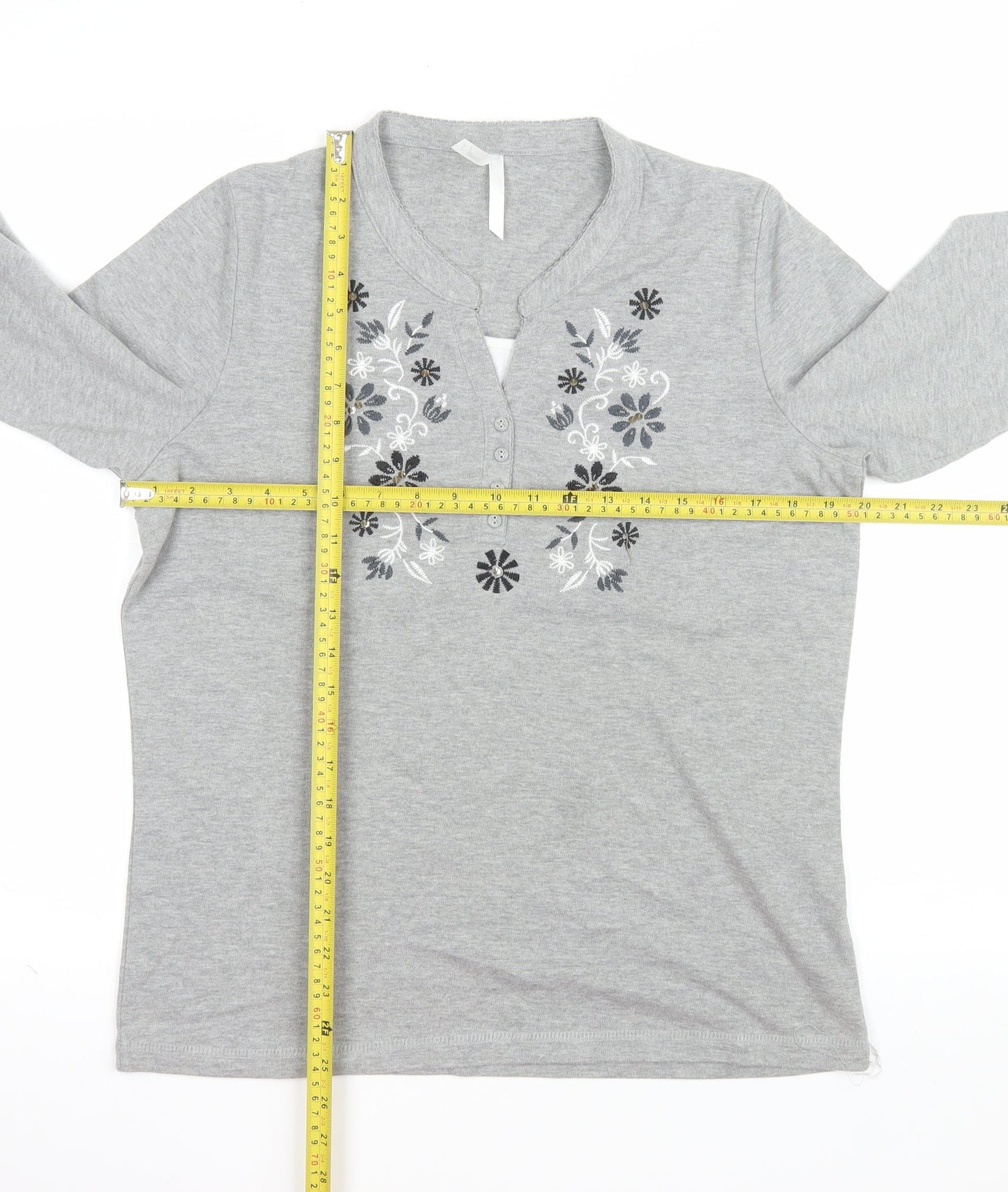 Bm Womens Grey Embroidered 3/4 Sleeve Henley Top Size M