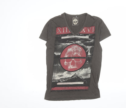 Cedar Wood State Men's Brown Skull Graphic V-Neck T-Shirt Size S