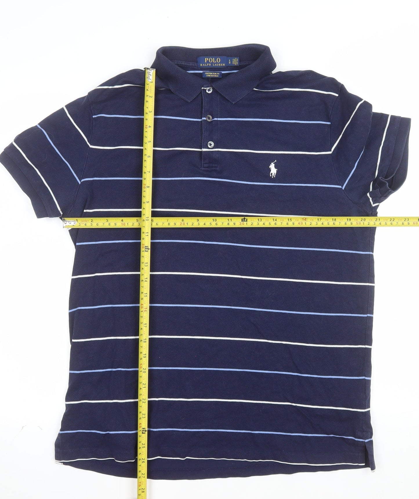 Ralph Lauren Men's Navy Blue Striped Slim Fit Polo Shirt Size L