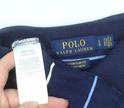 Ralph Lauren Men's Navy Blue Striped Slim Fit Polo Shirt Size L