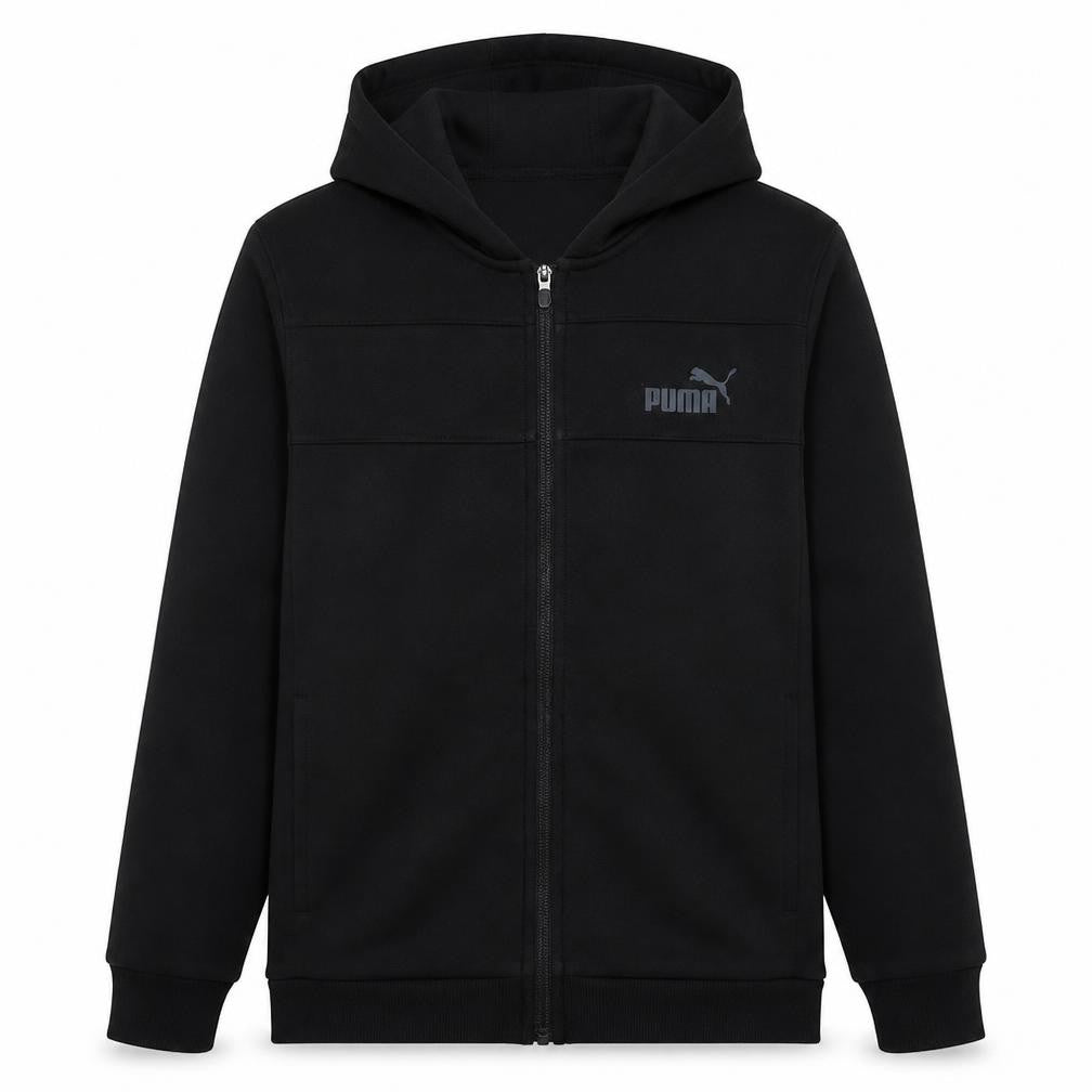 Front view of Puma Men's Black Full Zip Hoodie, size L, Fleece Hooded Sweatshirt
