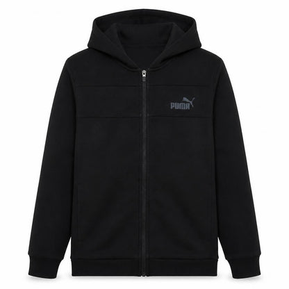 Front view of Puma Men's Black Full Zip Hoodie, size L, Fleece Hooded Sweatshirt