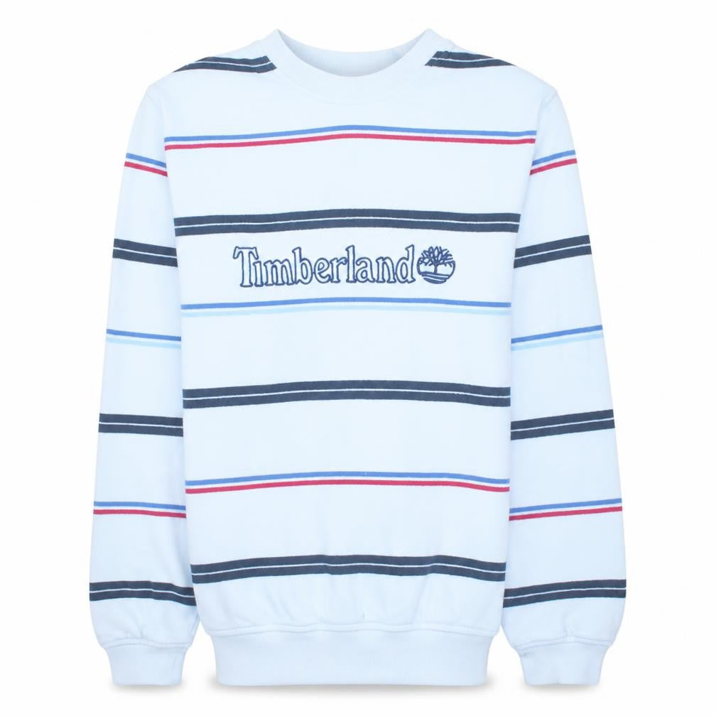 Timberland Men's White Striped Embroidered Logo Pullover Sweatshirt Size S