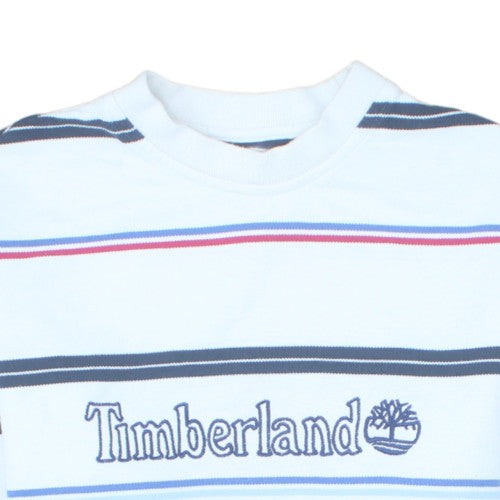 Timberland Men's White Striped Embroidered Logo Pullover Sweatshirt Size S
