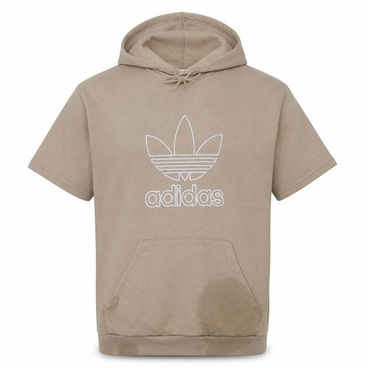 Front view of adidas Men Beige Short Sleeve Pullover Hoodie, size L, Regular Fit