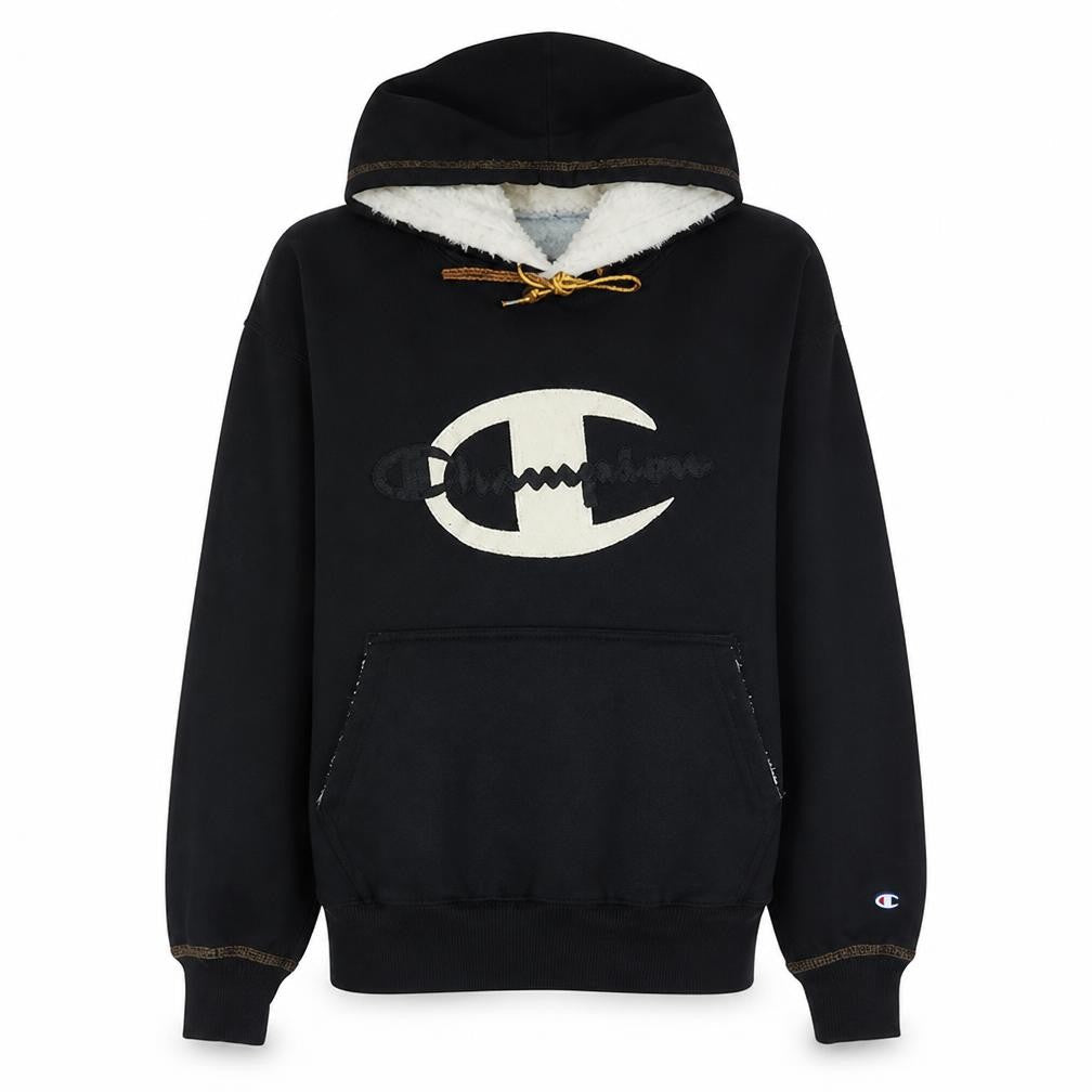 Champion Women's Black Pullover Hoodie Small Faux Fur Lined Logo Sweatshirt