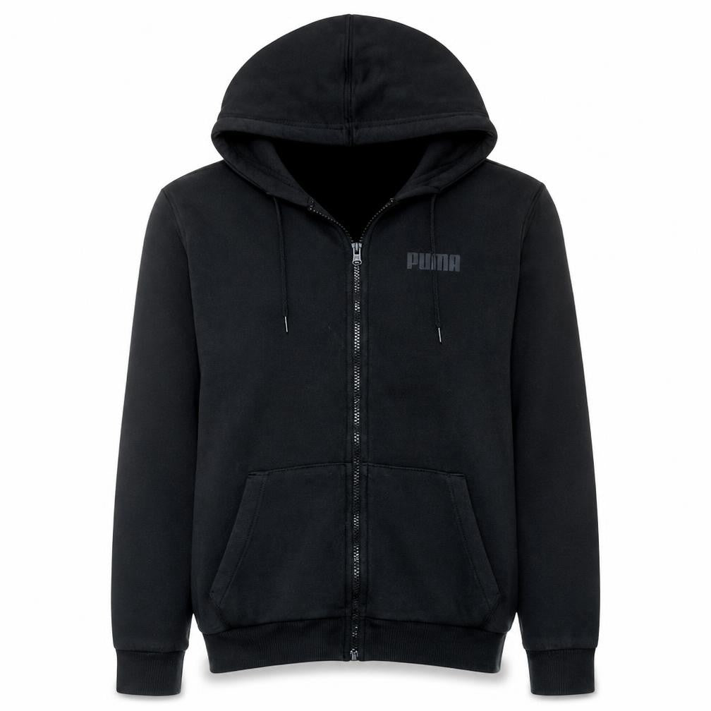 Front view of Puma Men's Black Full Zip Hoodie, size M, Fleece Sportswear