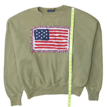 Polo Ralph Lauren Womens Khaki Green XS Pullover Sweatshirt American Flag