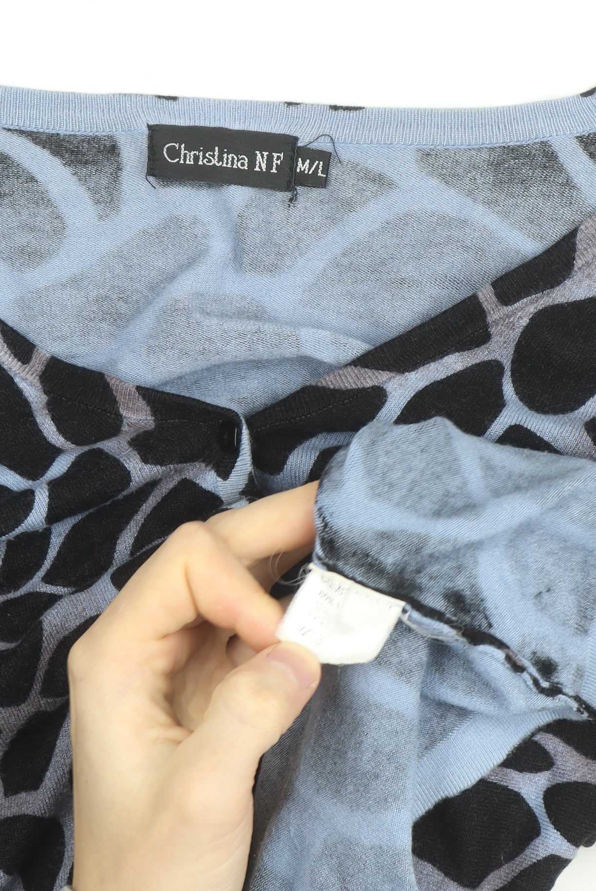 Christina NF Women's Blue Animal Print V-Neck Long Sleeve Cardigan Size M