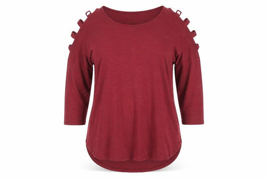 Papaya Women's Red Cold Shoulder 3/4 Sleeve Jersey T-Shirt L