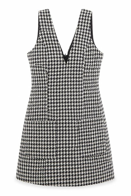Front view of In The Style Women’s Black Houndstooth Pinafore Dress, size UK 12