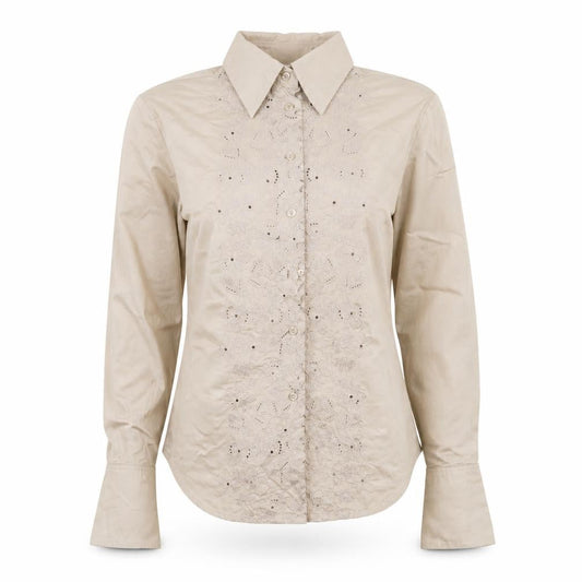 Mango Women's Beige Embroidered Button-Up Long Sleeve Shirt XS