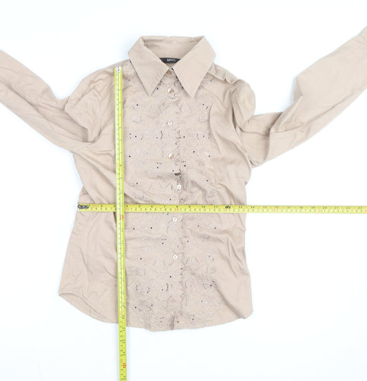 MNG Women's Beige Embroidered Button-Up Long Sleeve Shirt XS