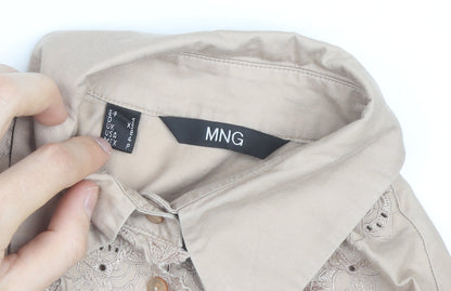 MNG Women's Beige Embroidered Button-Up Long Sleeve Shirt XS
