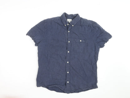 Next Women Blue Linen Cotton Short Sleeve Button-Up Shirt M