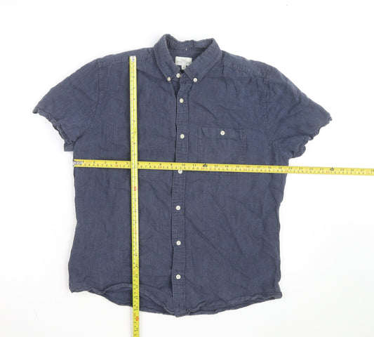 Next Women Blue Linen Cotton Short Sleeve Button-Up Shirt M