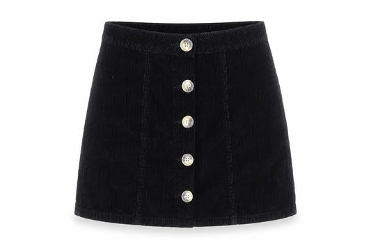 Front view of Denim Co. women’s black corduroy a-line button mini skirt, size UK 4