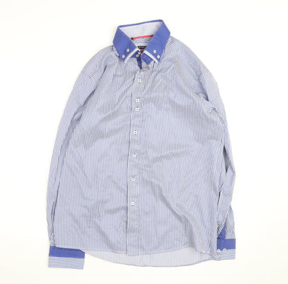 Guide London Men's Blue Striped Button-Down Cotton Blend Shirt XL