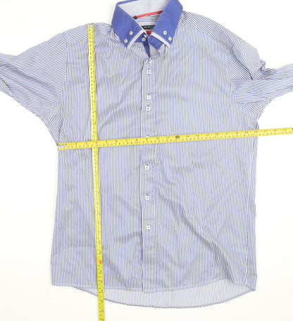 Guide London Men's Blue Striped Button-Down Cotton Blend Shirt XL