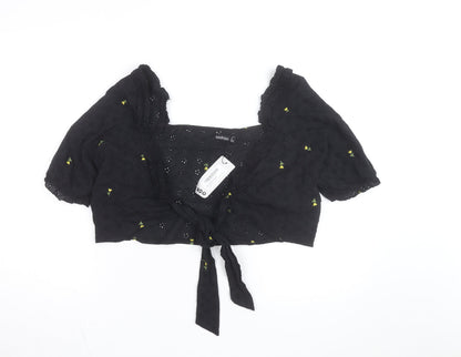Boohoo Women's Black Floral Embroidered Cropped Blouse Size 16