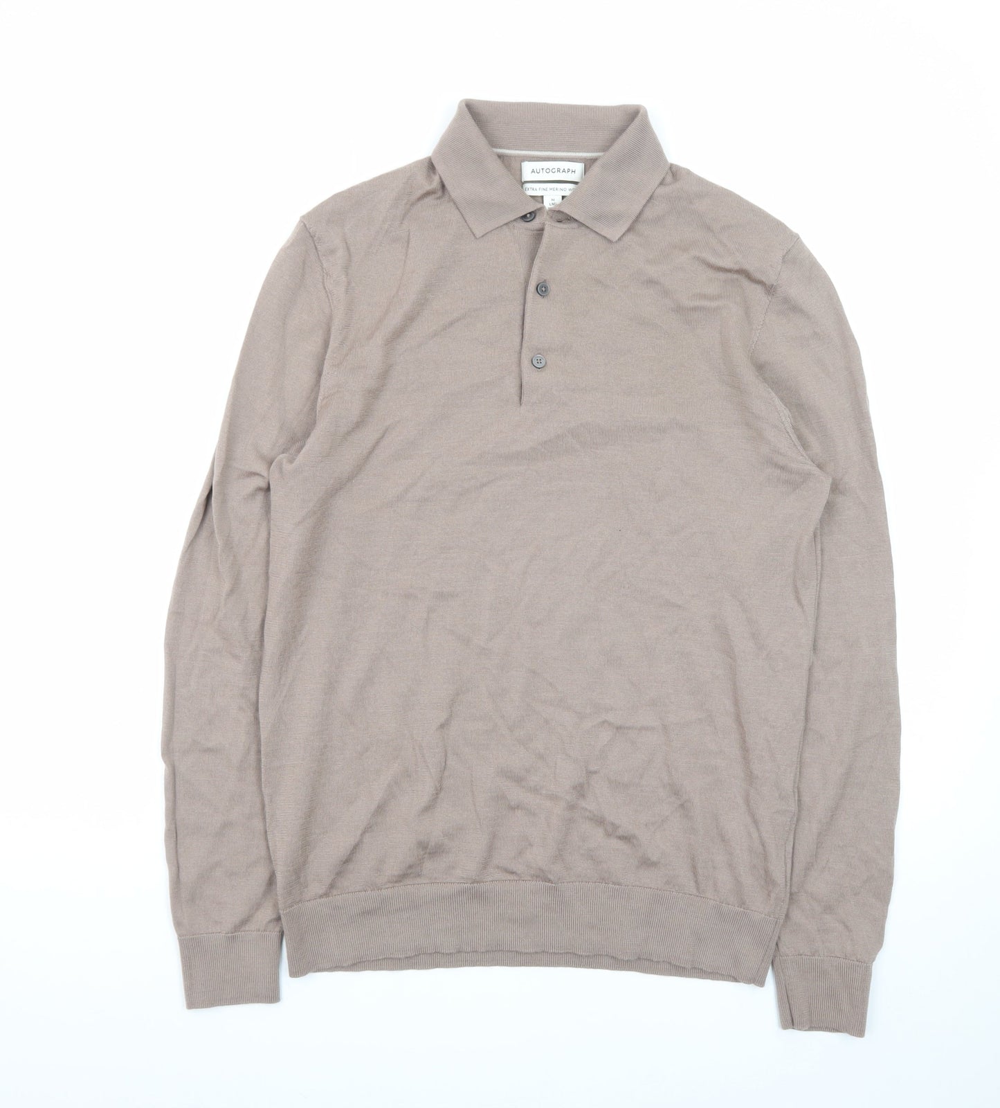 Marks and Spencer Mens Beige Merino Wool Collared Henley Jumper M