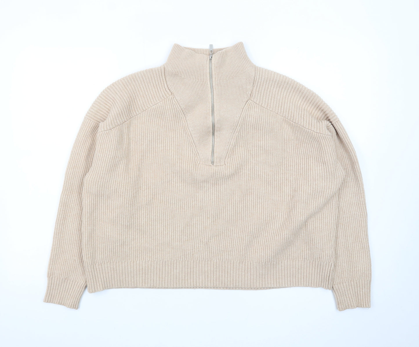 Mango Women’s Beige Wool Blend Half Zip Mock Neck Jumper Size S