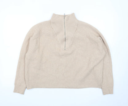 Mango Women’s Beige Wool Blend Half Zip Mock Neck Jumper Size S