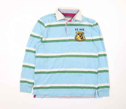 Howick Men's Blue Striped Long Sleeve Rugby Polo Shirt Size L 100% Cotton