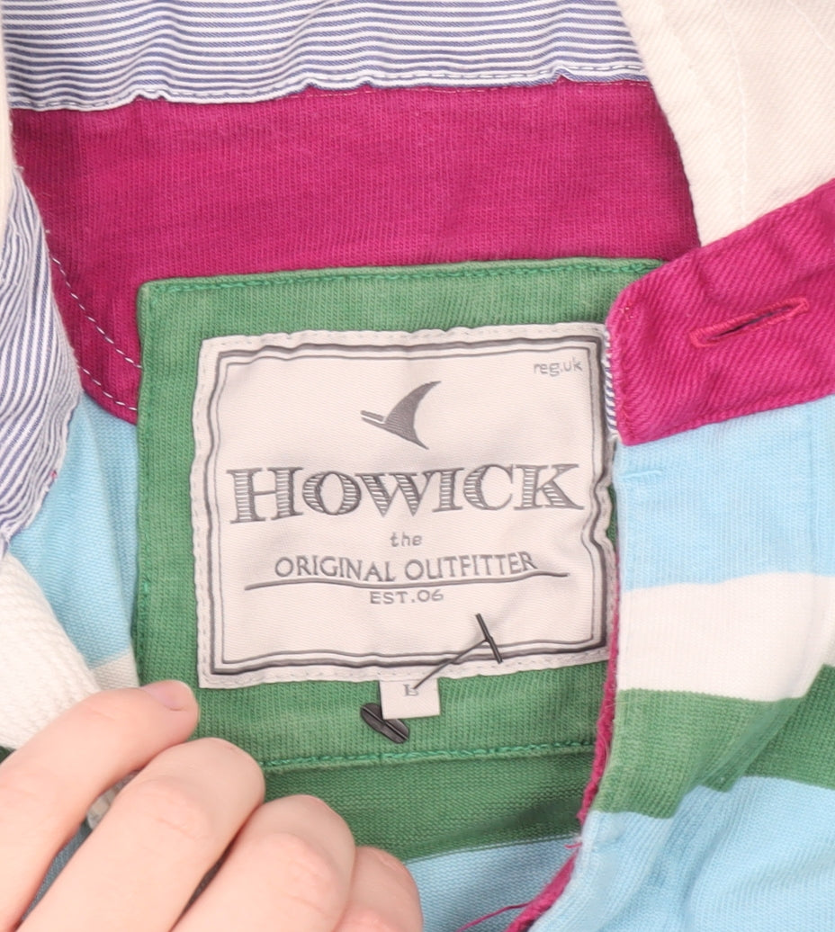 Howick Men's Blue Striped Long Sleeve Rugby Polo Shirt Size L 100% Cotton