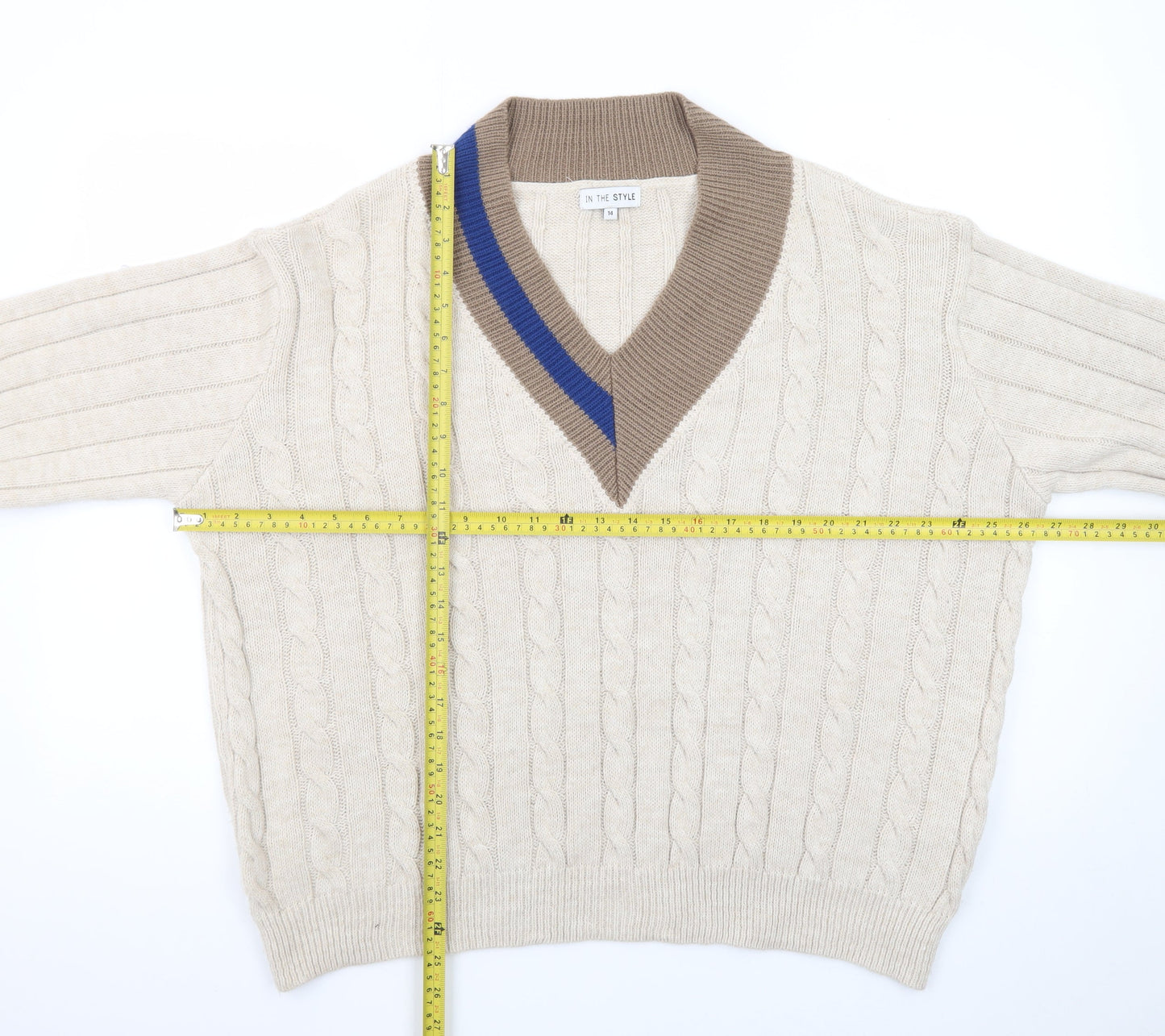In The Style Women’s Beige Cable-Knit V-Neck Pullover Jumper Size 14
