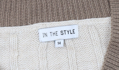 In The Style Women’s Beige Cable-Knit V-Neck Pullover Jumper Size 14