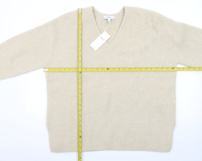Marks and Spencer Women Beige V-Neck Ribbed Knit Pullover Jumper L