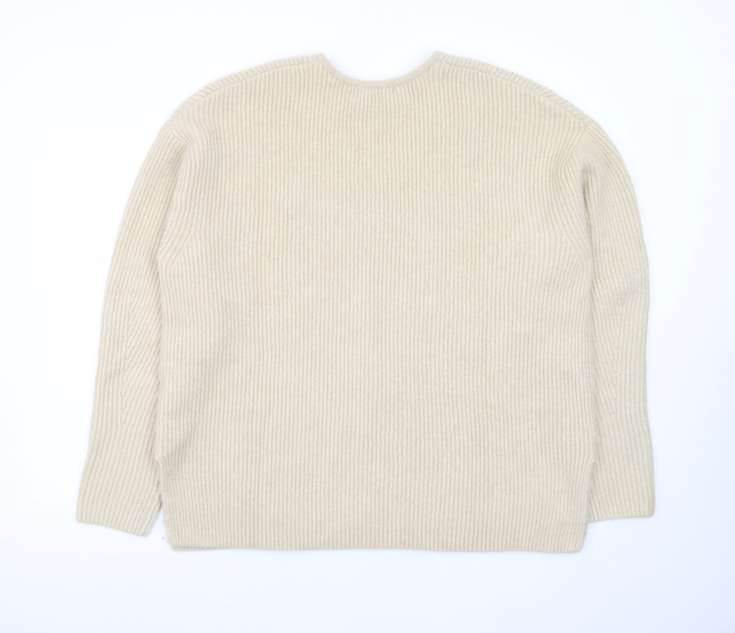 Marks and Spencer Women Beige V-Neck Ribbed Knit Pullover Jumper L