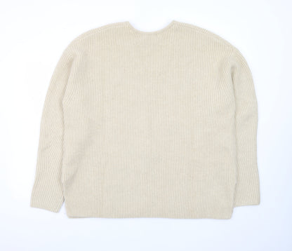 Marks and Spencer Women Beige V-Neck Ribbed Knit Pullover Jumper L