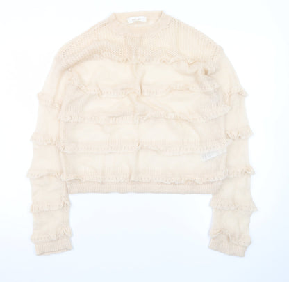 Marks and Spencer Women Beige Ruffle Knit Pullover Jumper Size S