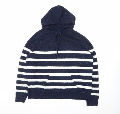 Marks and Spencer Women Blue Striped Hooded Pullover Jumper L