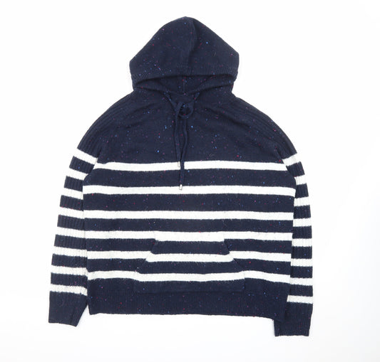 Marks and Spencer Women Blue Striped Hooded Pullover Jumper L