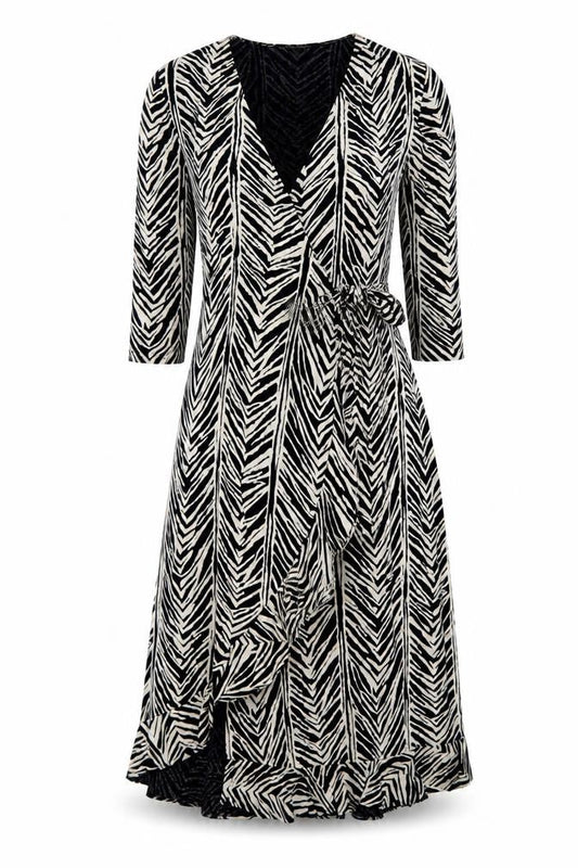 Front view of Kaliko Women's Black Animal Print Wrap Midi Dress, size 12