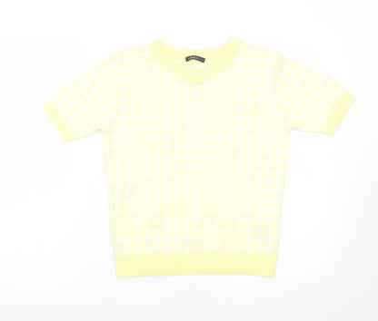 Marks and Spencer Women's Yellow Check Knit Short Sleeve Jumper Size 10
