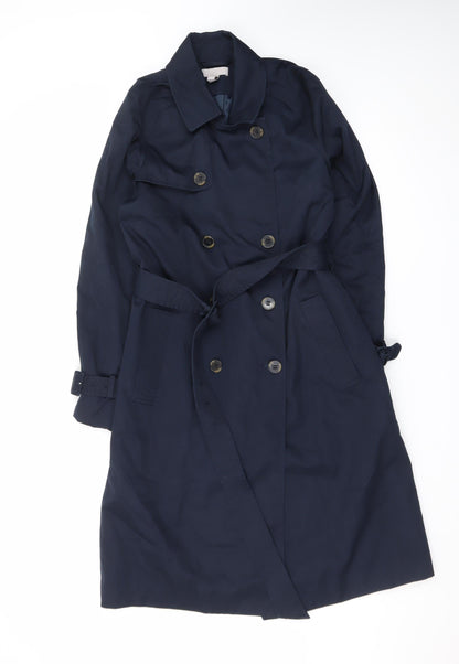 H&M Women’s Blue Long Trench Coat Belted Size 8 Classic Style