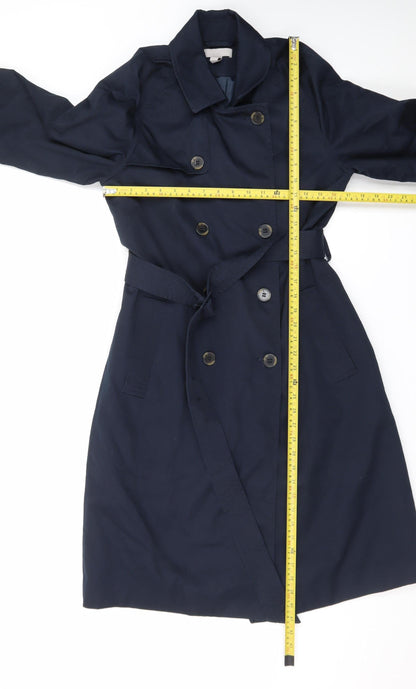 H&M Women’s Blue Long Trench Coat Belted Size 8 Classic Style