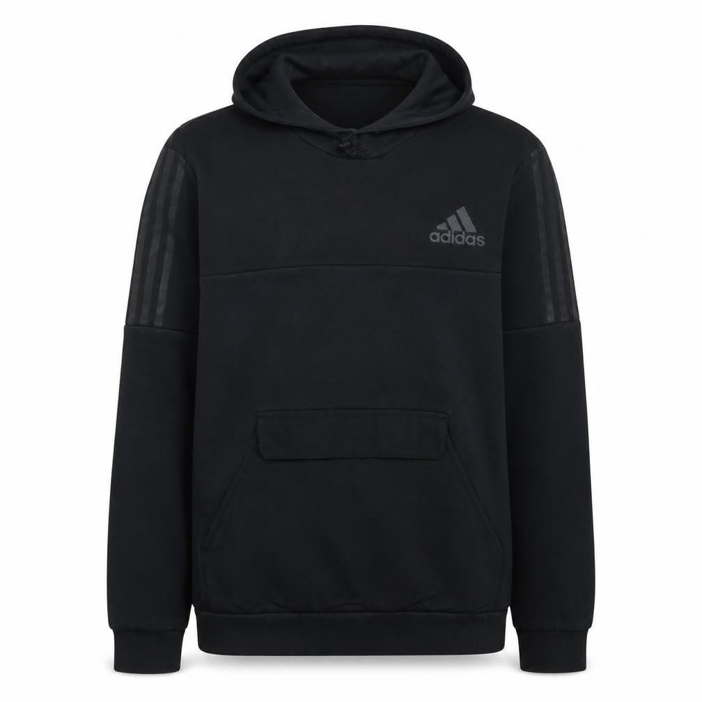 Front view of Adidas men’s black xl pullover hoodie fleece sportswear