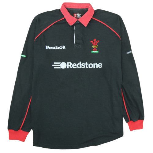Reebok Mens Black Rugby Sweatshirt L Classic WRU Long Sleeve Henley
