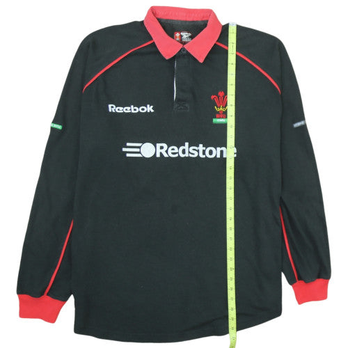 Reebok Mens Black Rugby Sweatshirt L Classic WRU Long Sleeve Henley