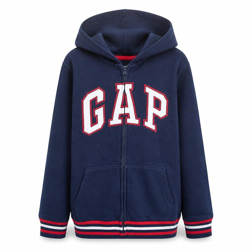Front view of Gap boys’ blue full zip fleece hoodie 13-14 years casual logo sweatshirt