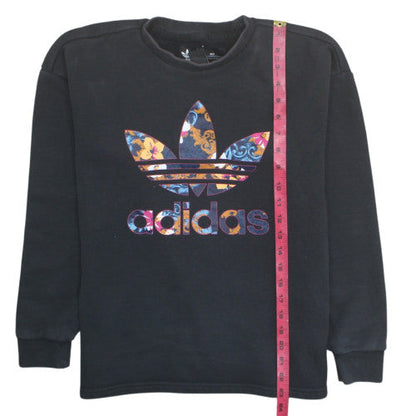 Adidas Women Black XS Sweatshirt Floral Trefoil Logo Cotton Crew Neck