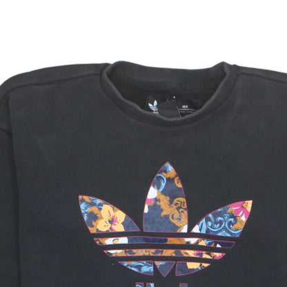 Adidas Women Black XS Sweatshirt Floral Trefoil Logo Cotton Crew Neck
