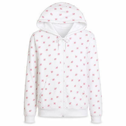 Front view of Adidas Women White Pink Full Zip Hoodie, size 12, Floral Print
