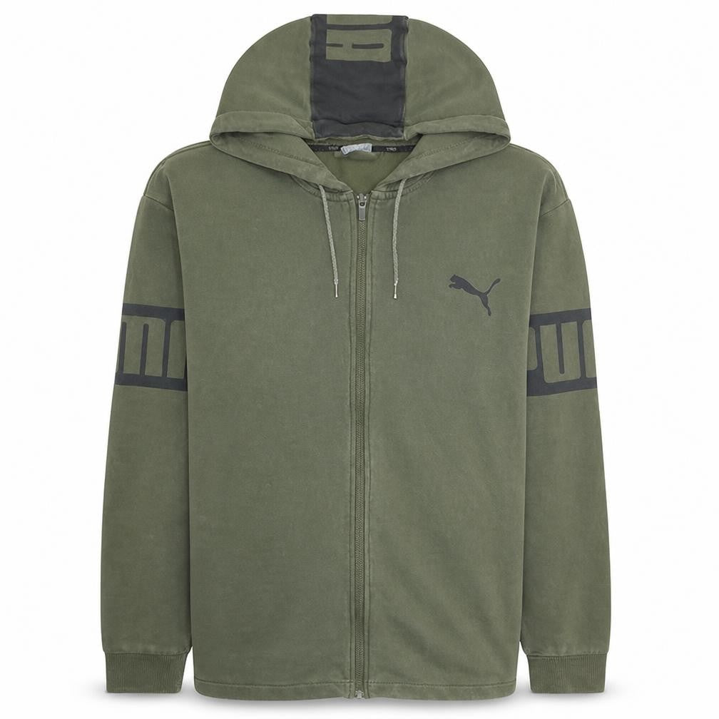 Front view of Puma Men's Green Full Zip Hoodie L Sports Fleece Sweatshirt